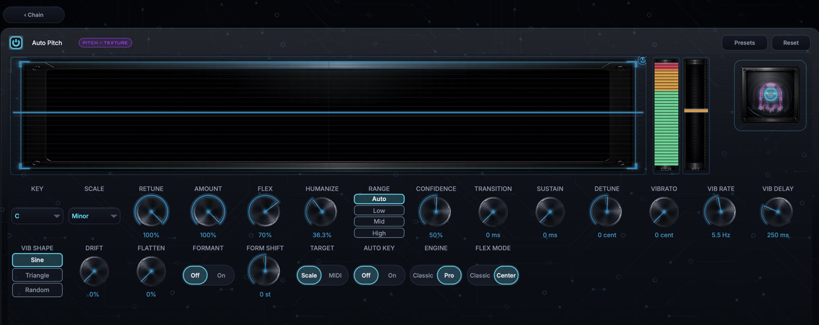 Auto Pitch module editor with the current image-based knob interface