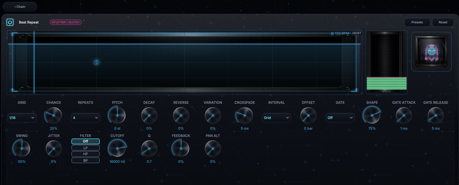 Beat Repeat module editor with the current image-based knob interface