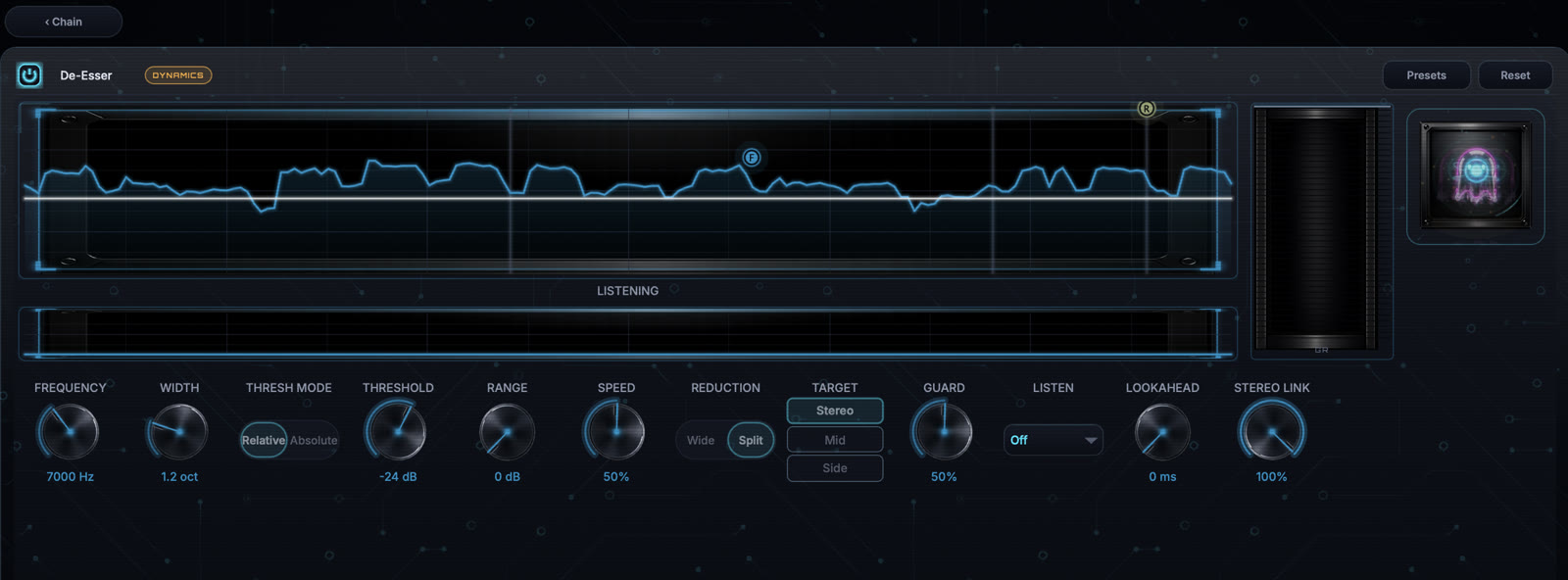 De-Esser module editor with the current image-based knob interface