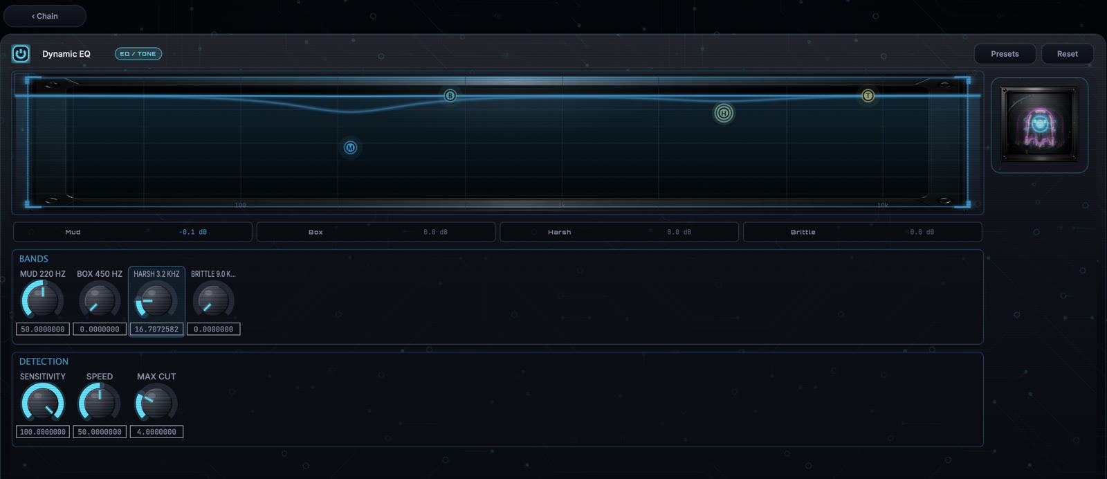 Dynamic EQ module editor with the current image-based knob interface