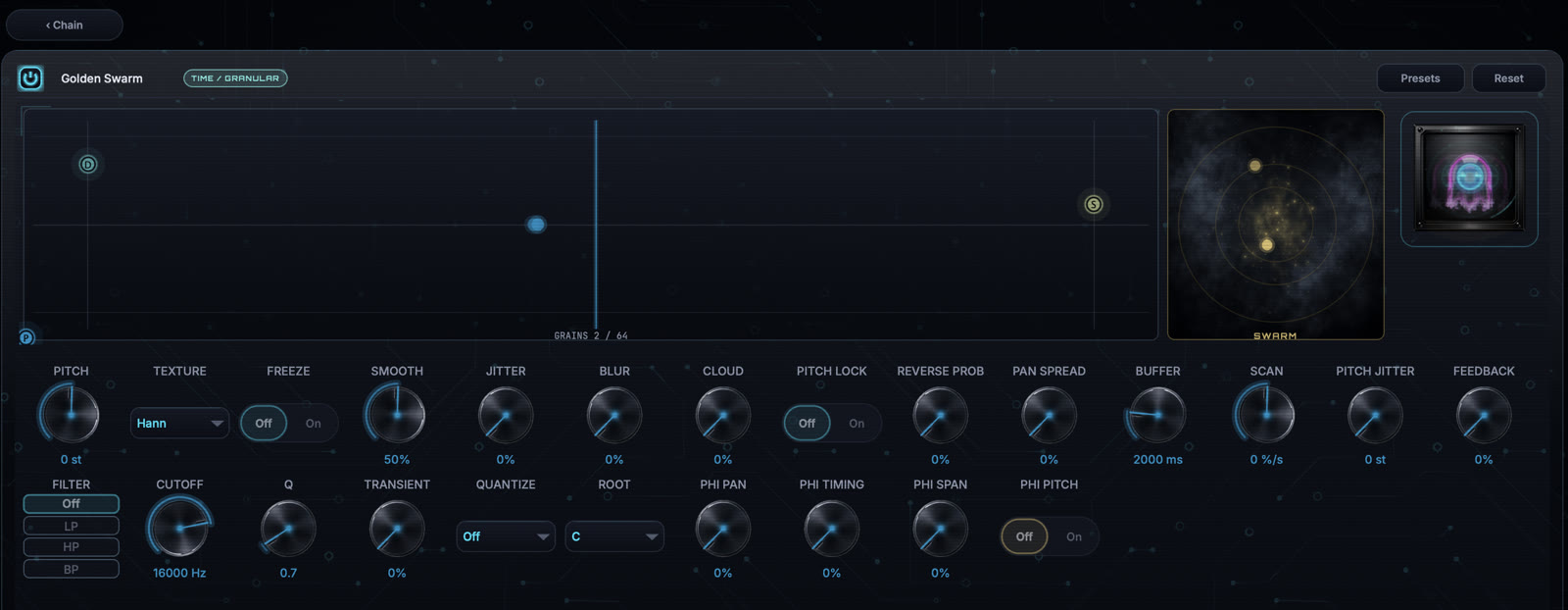 Golden Swarm module editor with the current image-based knob interface