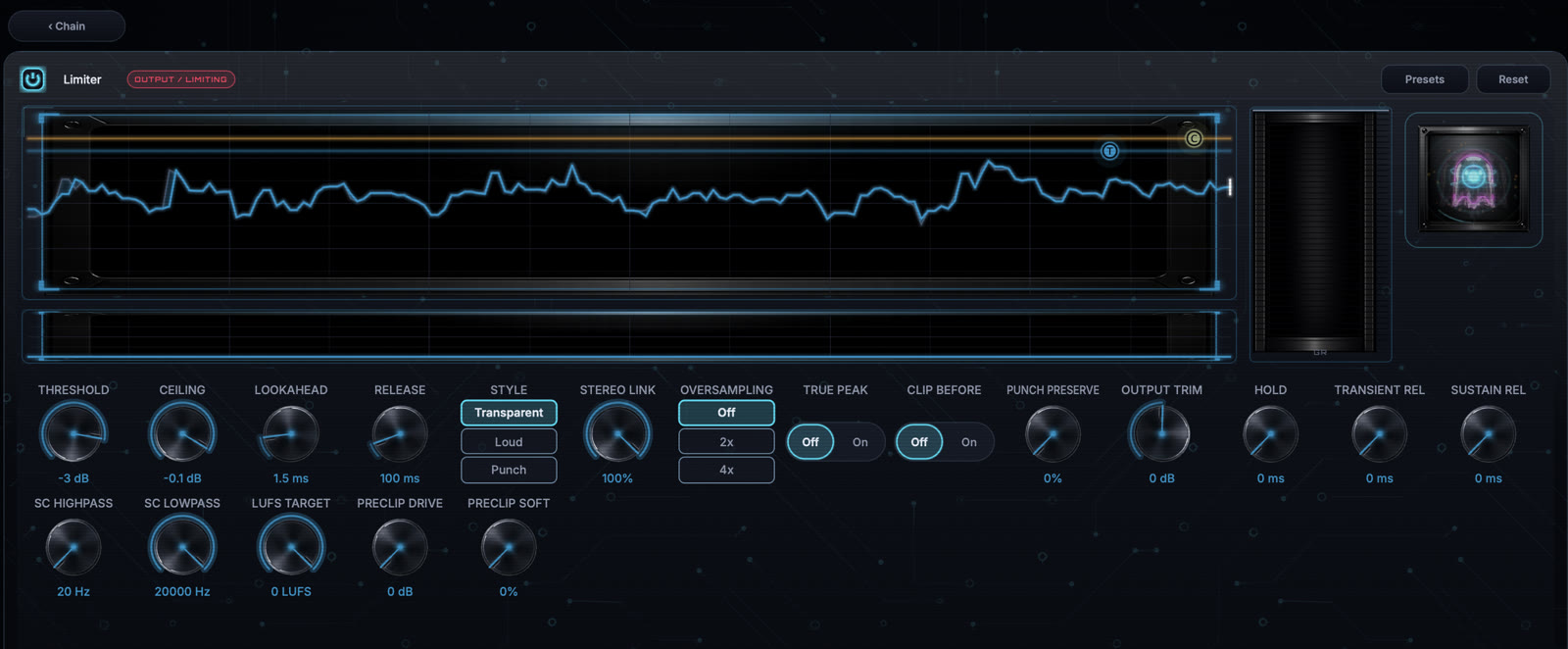 Limiter module editor with the current image-based knob interface