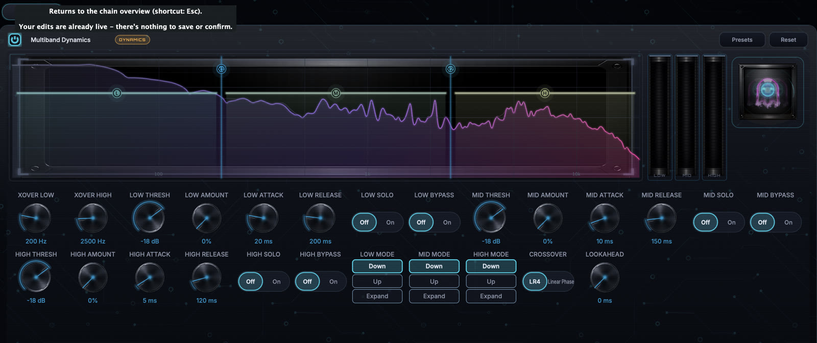 Multiband Dynamics module editor with the current image-based knob interface