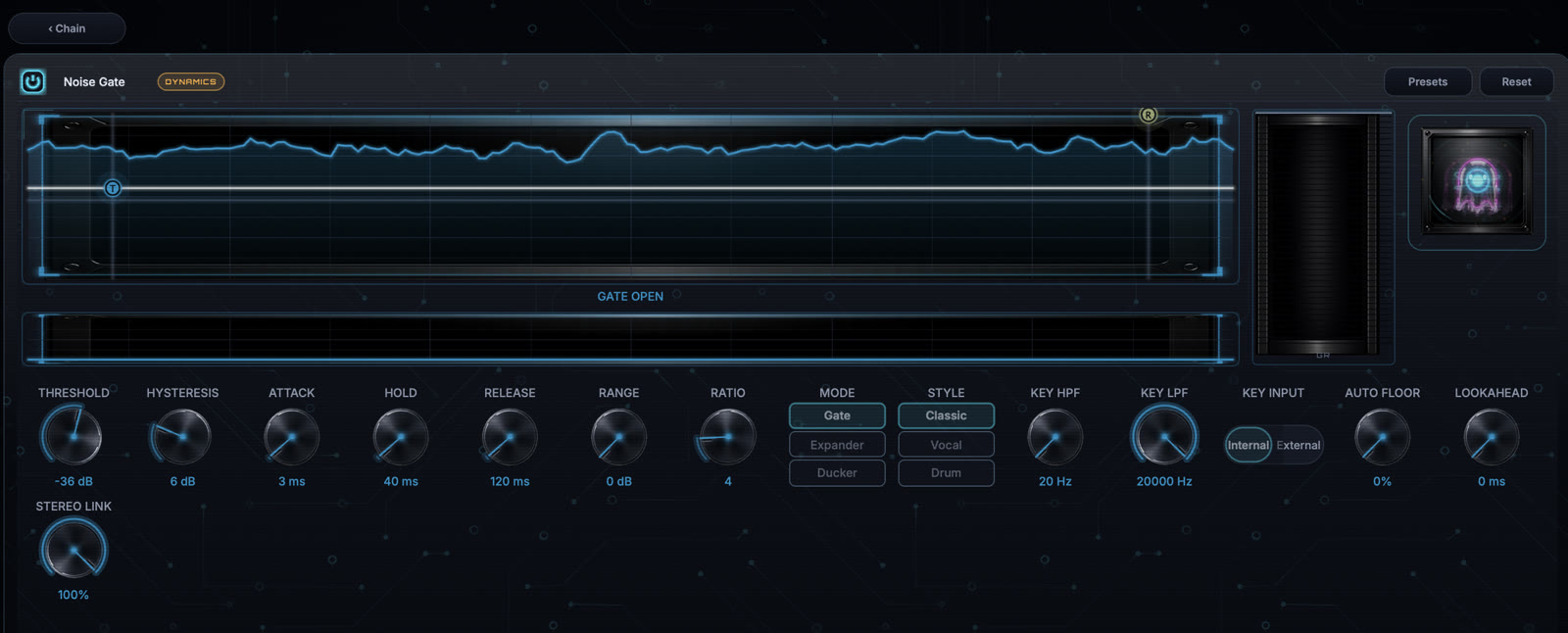 Noise Gate module editor with the current image-based knob interface
