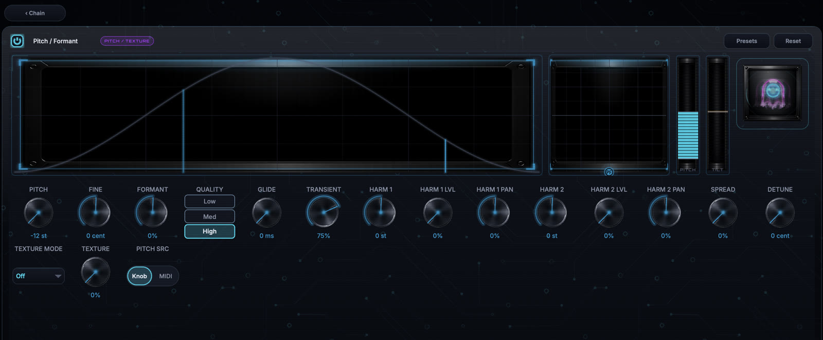 Pitch / Formant module editor with the current image-based knob interface