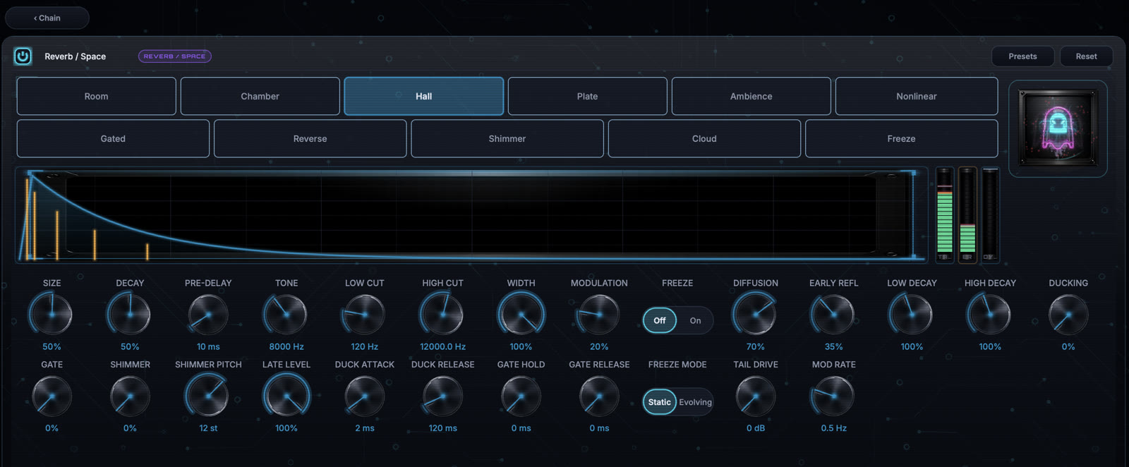 Reverb / Space module editor with the current image-based knob interface