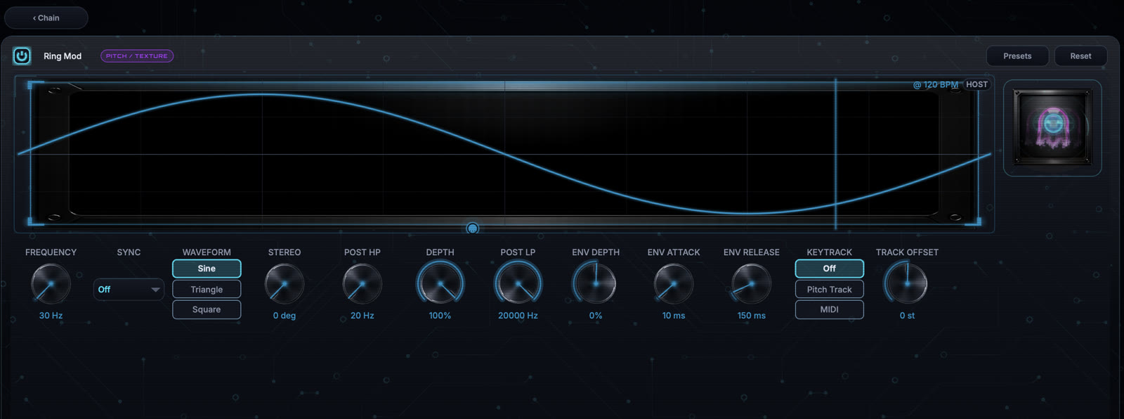 Ring Mod module editor with the current image-based knob interface