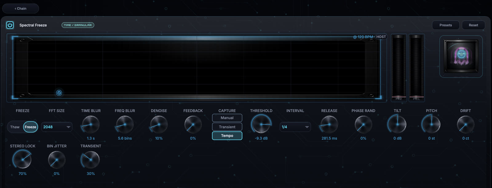 Spectral Freeze module editor with the current image-based knob interface