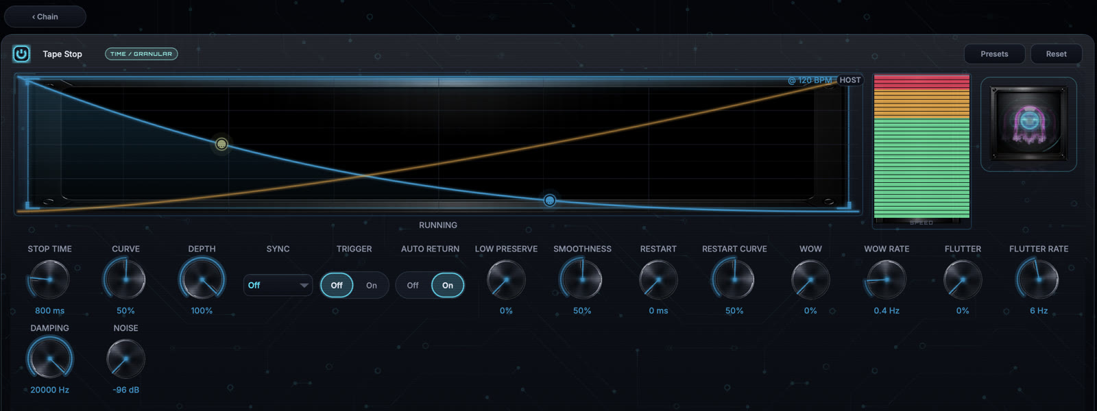 Tape Stop module editor with the current image-based knob interface
