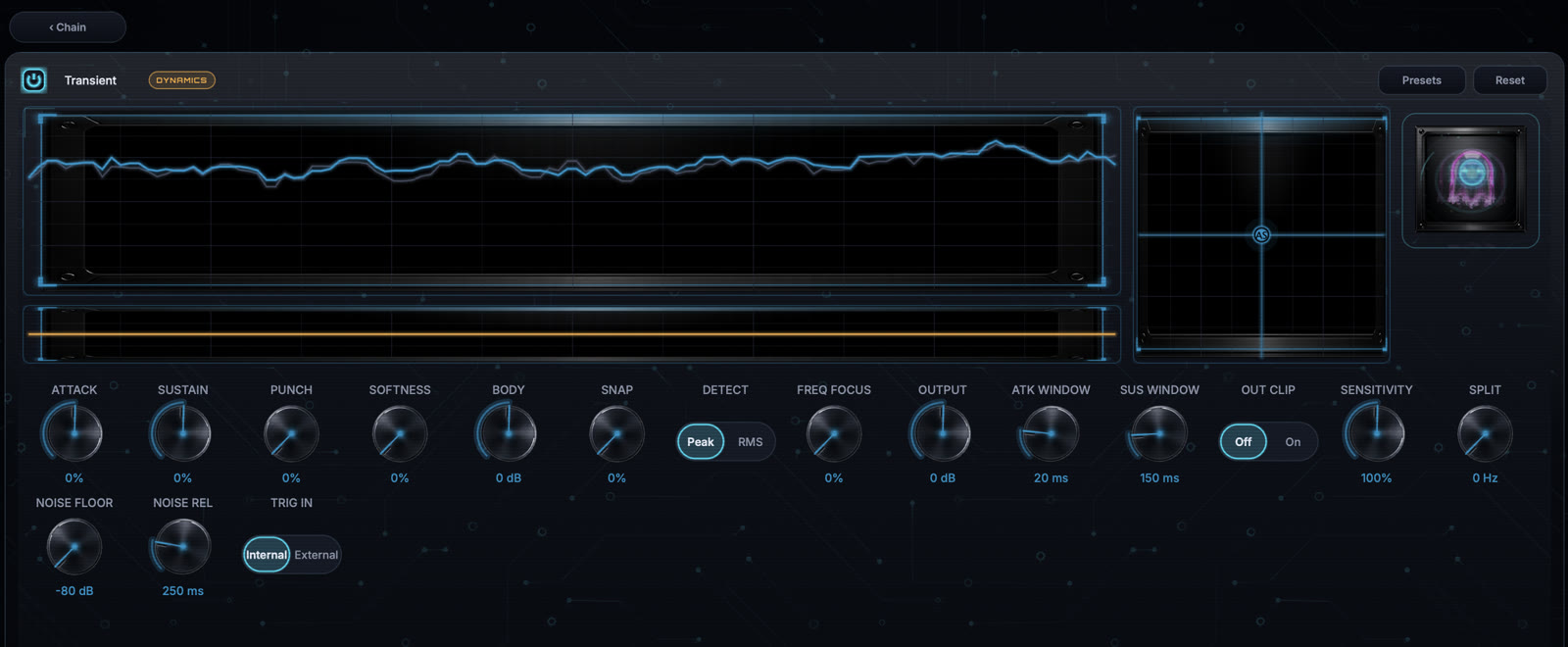 Transient module editor with the current image-based knob interface