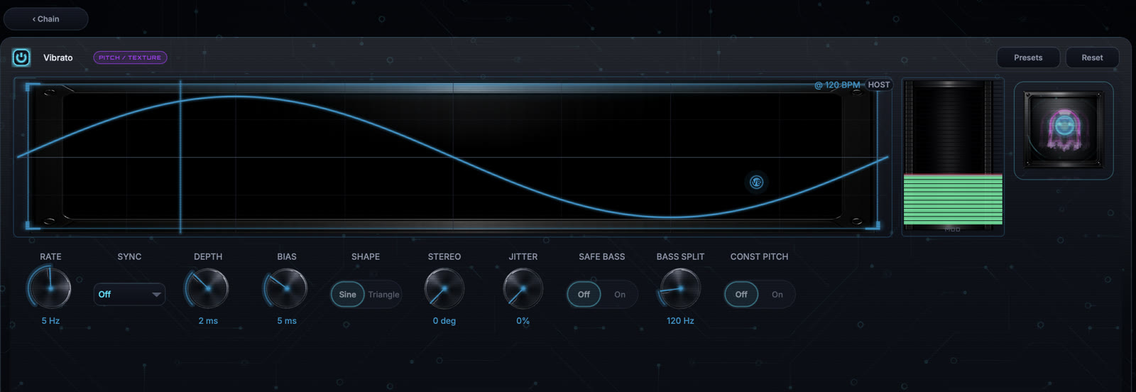 Vibrato module editor with the current image-based knob interface