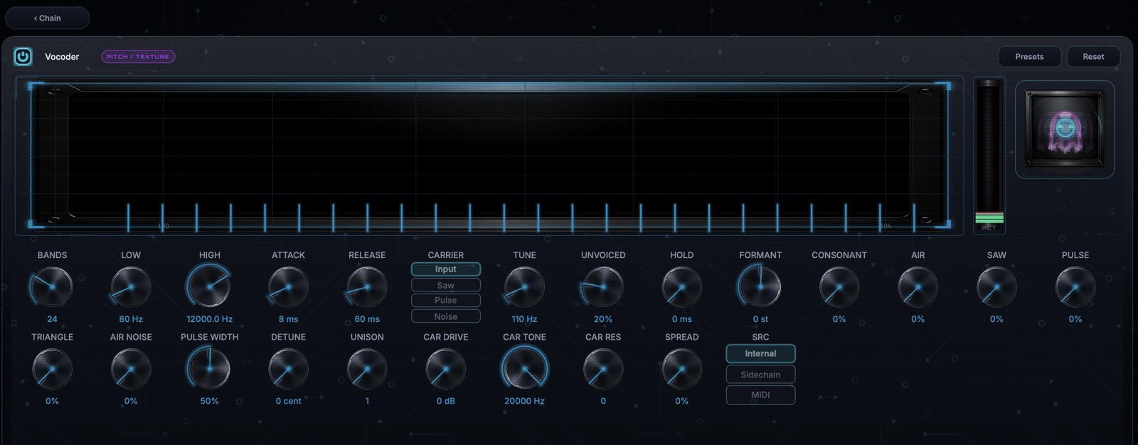 Vocoder module editor with the current image-based knob interface