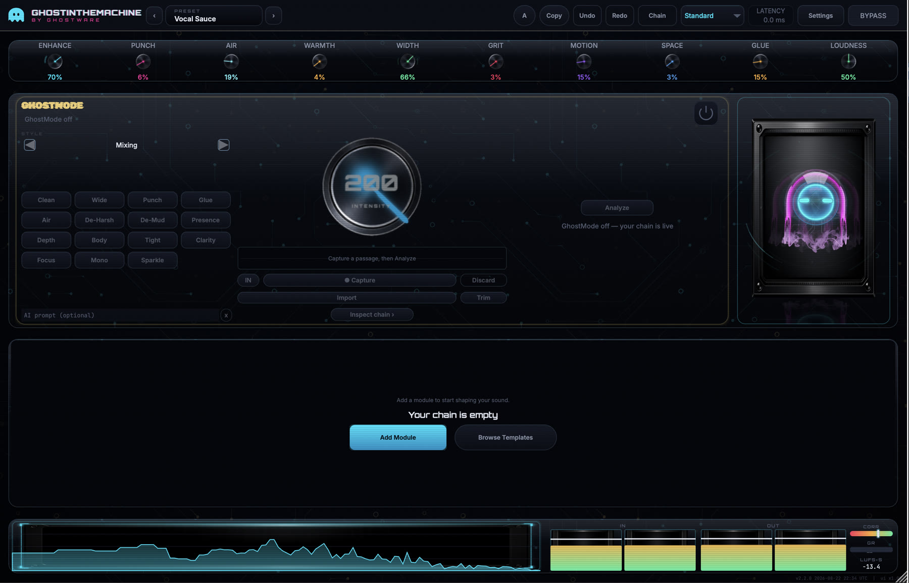 GhostInTheMachine plugin interface: macro knobs, GhostMode panel with the ghost mascot, and the modular chain rack