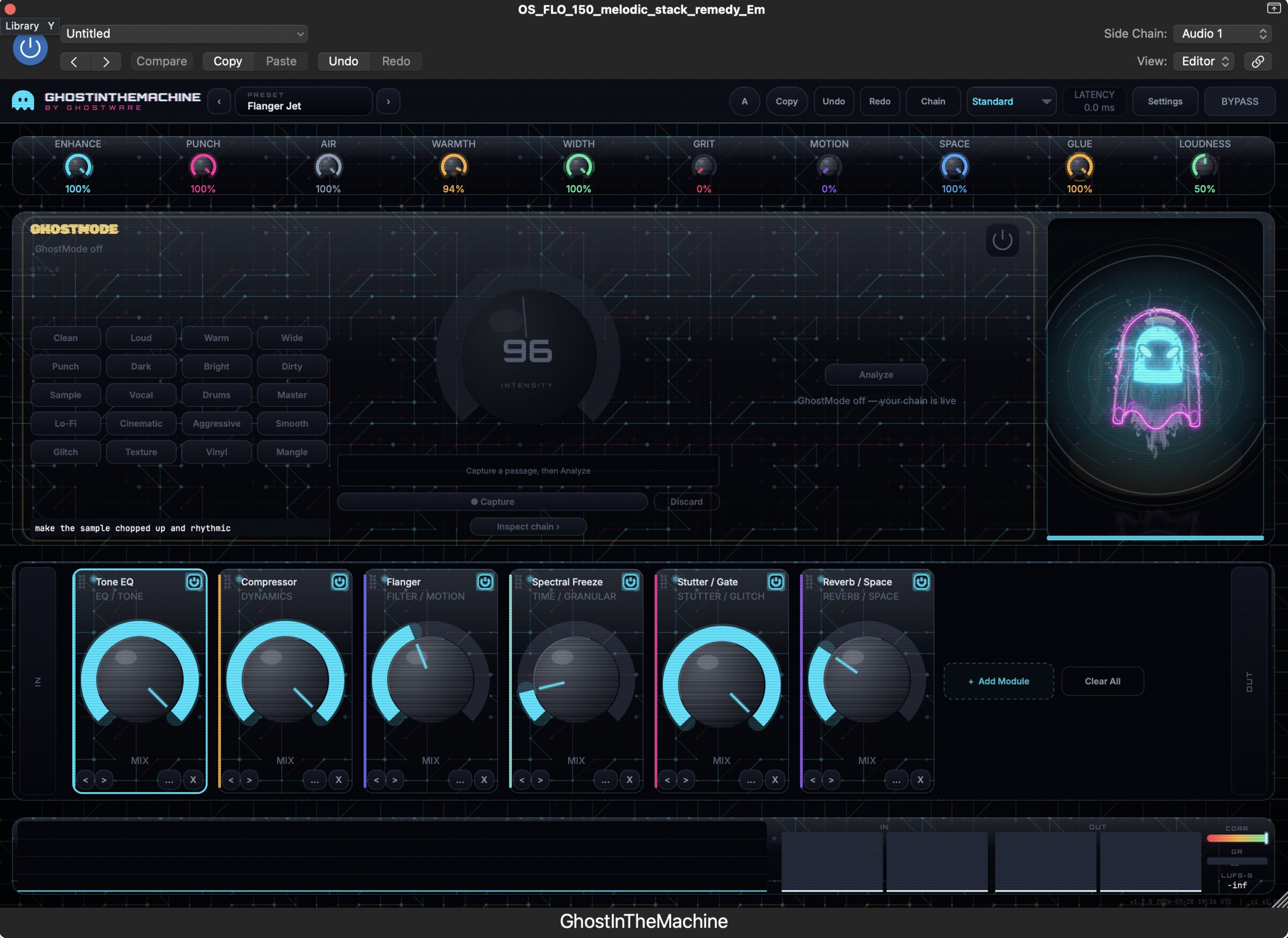 GhostInTheMachine plugin interface: macro knobs, GhostMode panel with the ghost mascot, and the modular chain rack