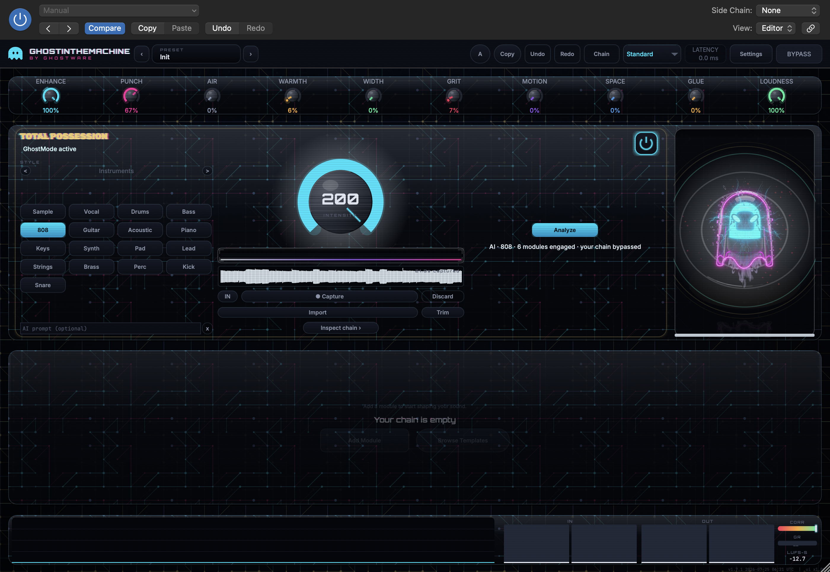 GhostInTheMachine plugin interface running locally inside a DAW session