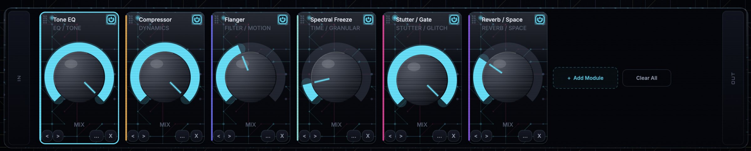 The modular chain rack with Tone EQ, Compressor, Flanger, Spectral Freeze, Stutter/Gate and Reverb/Space modules