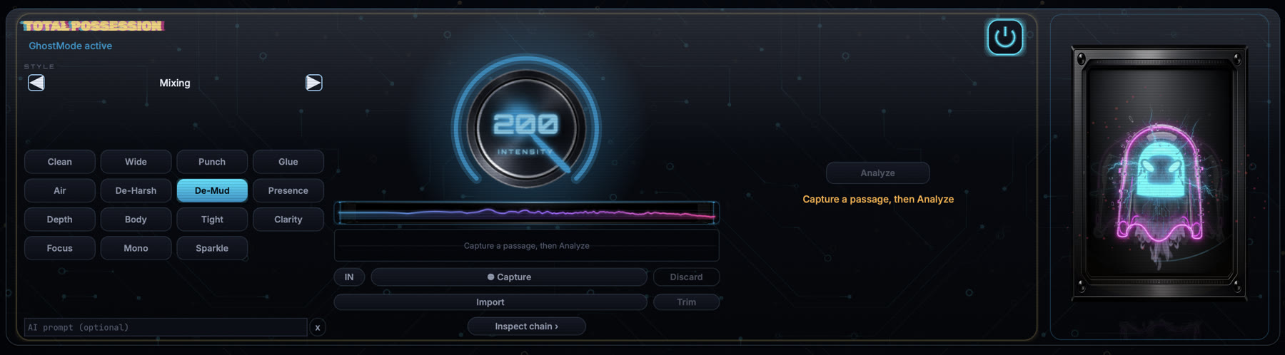 The current GhostMode panel with mood chips, intensity control, analysis waveform and ghost chamber
