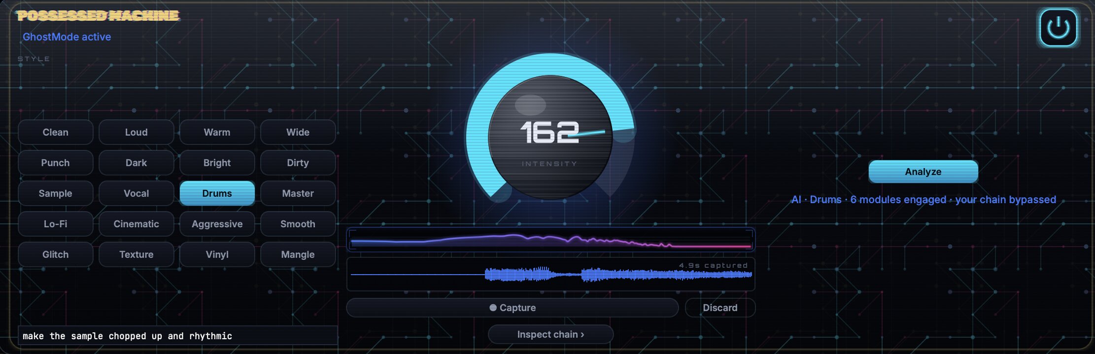 The GhostMode panel: 20 style chips, the intensity master knob and the Analyze button