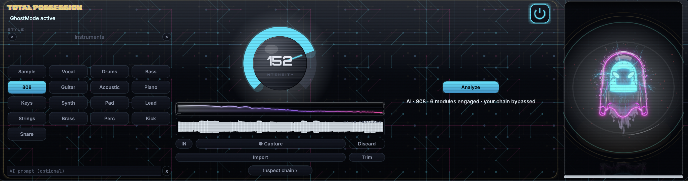 GhostMode panel analyzing a captured vocal take and prescribing a chain