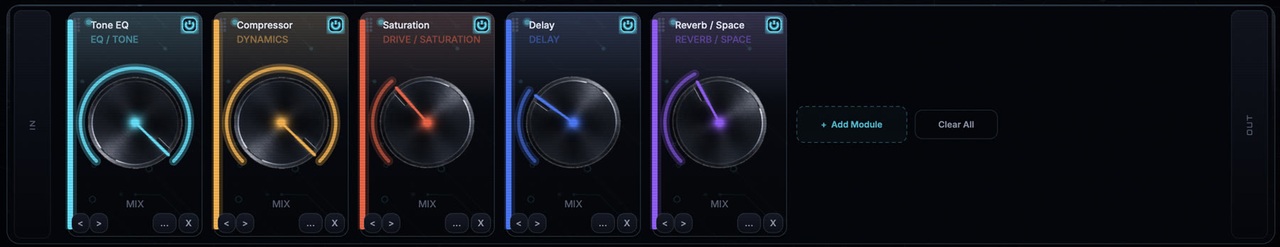 The modular chain rack with Tone EQ, Compressor, Saturation, Delay and Reverb / Space modules