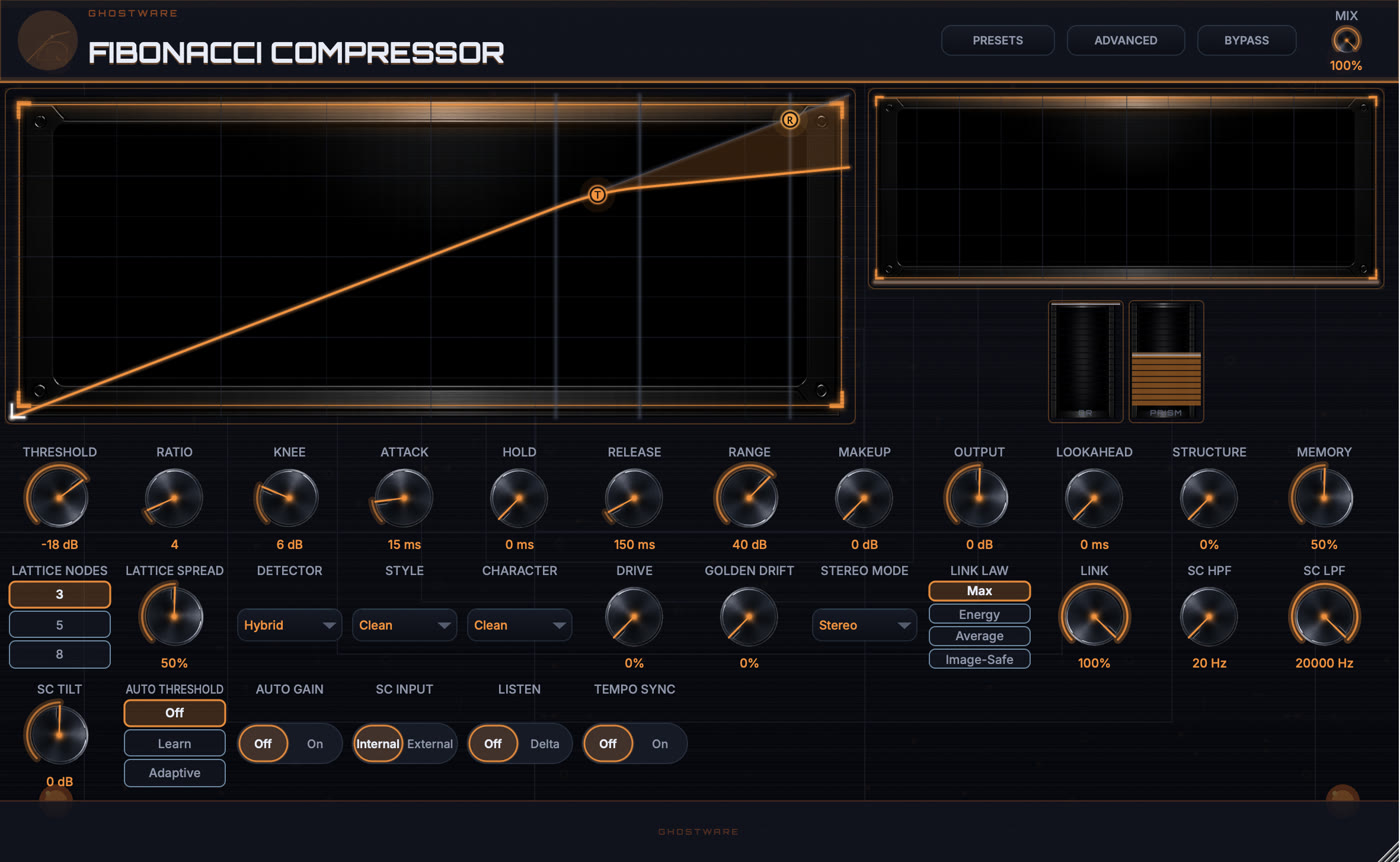 Fibonacci Compressor standalone plugin editor with gold image-based controls