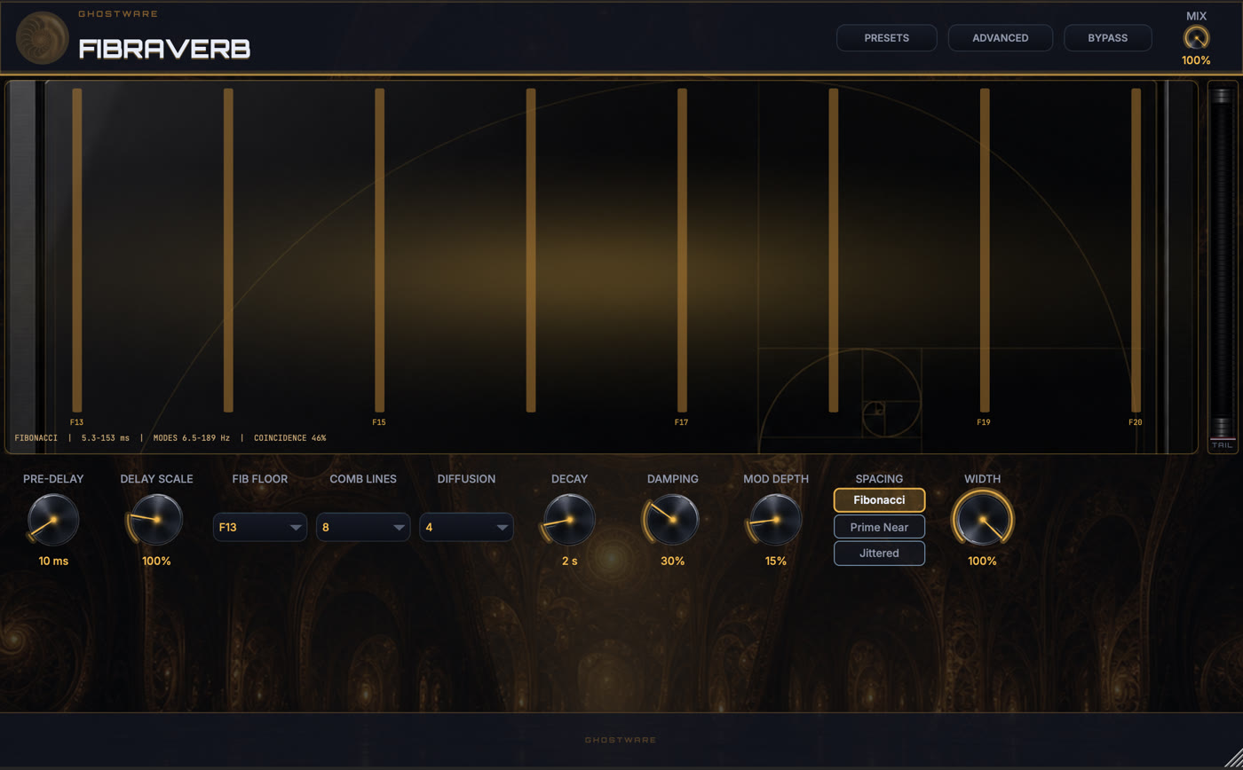 FibraVerb standalone plugin editor with gold image-based controls