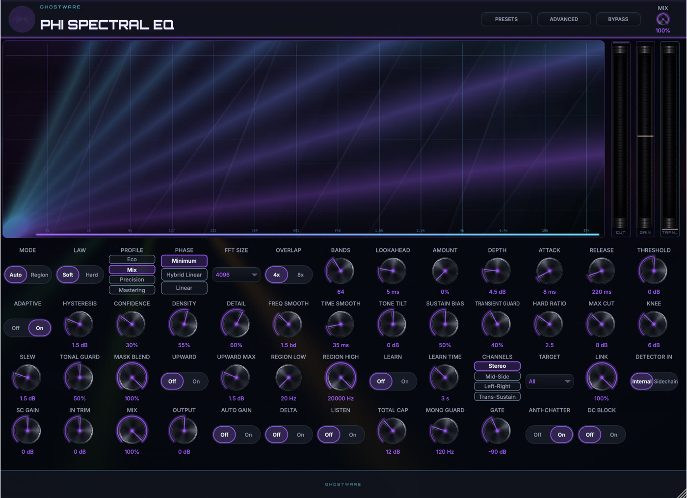 Phi Spectral EQ standalone plugin editor with violet image-based controls
