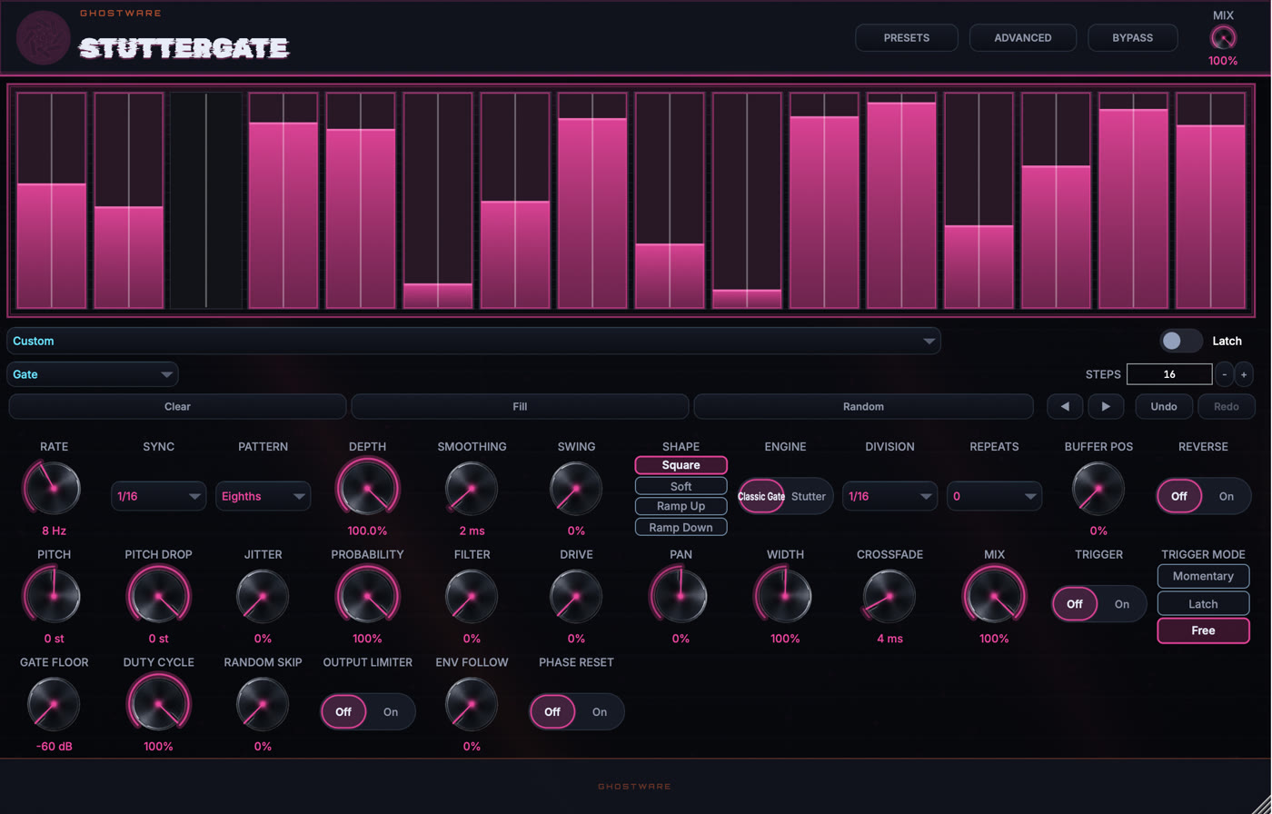 StutterGate standalone plugin editor with magenta image-based controls